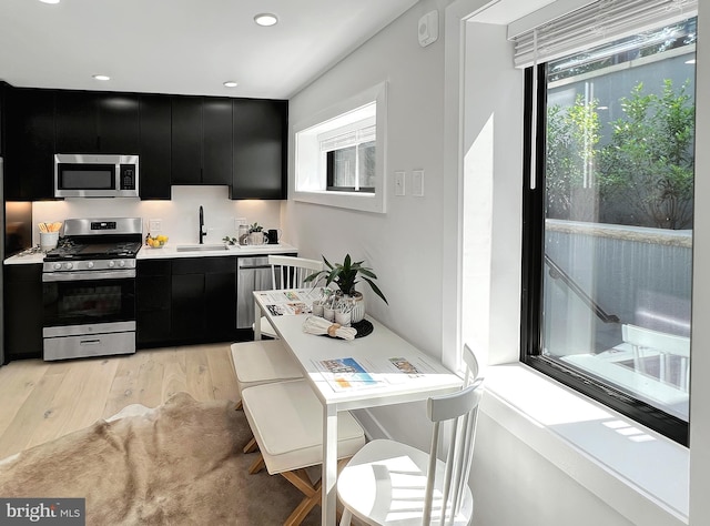 kitchen featuring dark cabinetry, light wood-style flooring, a sink, stainless steel appliances, and light countertops