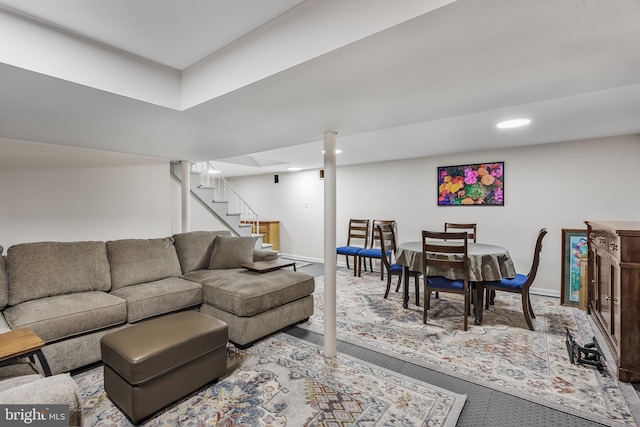 living room featuring recessed lighting, stairway, and baseboards