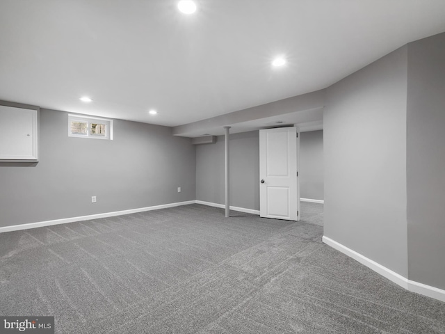 basement featuring recessed lighting, carpet, and baseboards