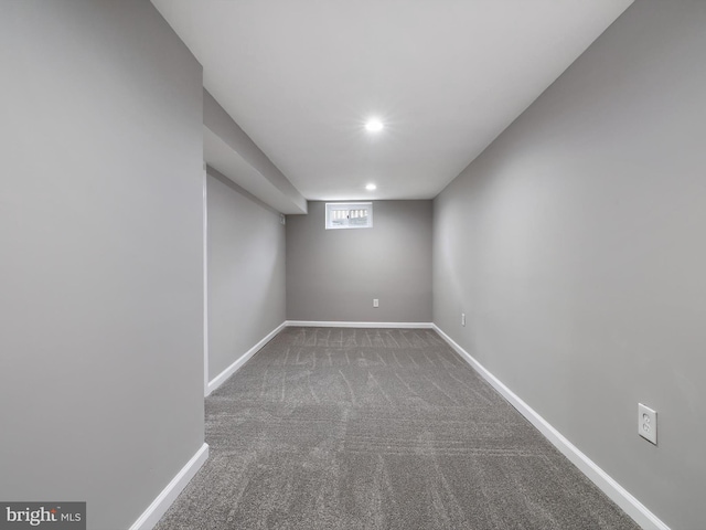 basement with recessed lighting, baseboards, and carpet floors