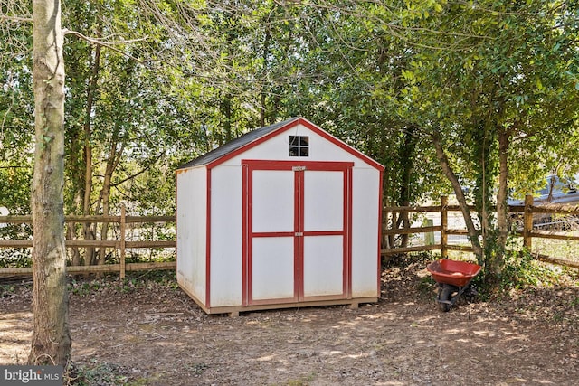 view of shed with a fenced backyard