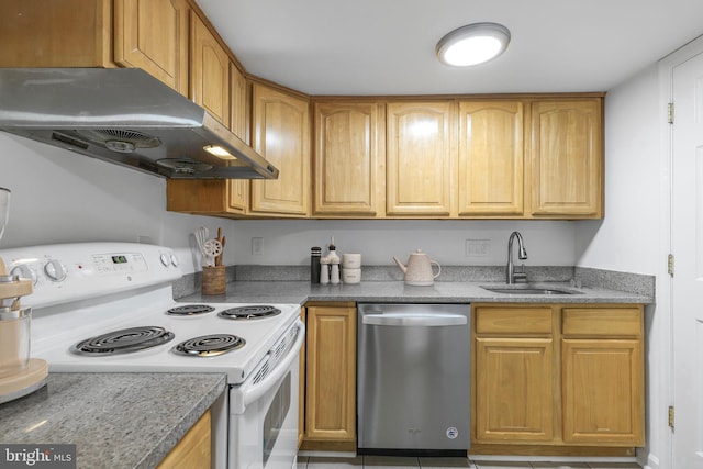 kitchen with dishwasher, a sink, under cabinet range hood, and white range with electric cooktop