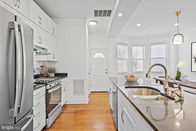 kitchen featuring under cabinet range hood, visible vents, appliances with stainless steel finishes, and a sink