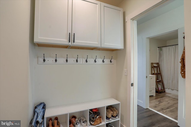 mudroom with dark wood-style floors