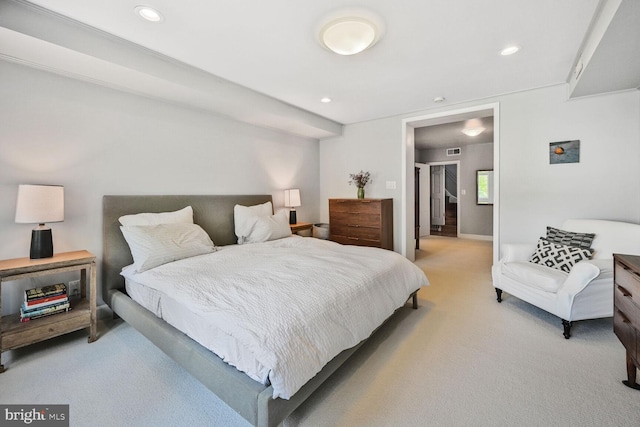 bedroom featuring light colored carpet, visible vents, and recessed lighting