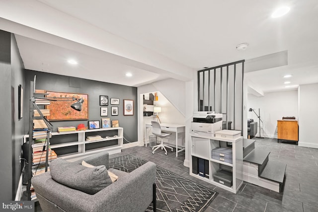 living area featuring baseboards, recessed lighting, and stairway