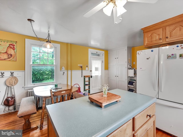 kitchen featuring light wood-style flooring, a ceiling fan, freestanding refrigerator, radiator, and wainscoting