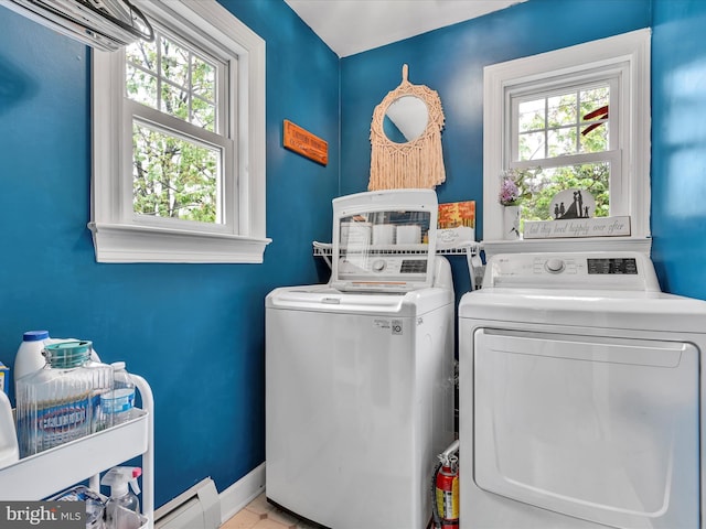 laundry room with baseboards, plenty of natural light, laundry area, and washing machine and clothes dryer