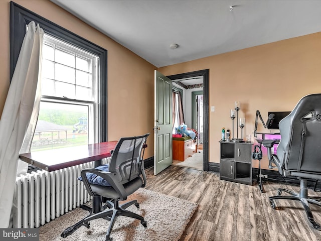 office space featuring radiator heating unit, wood finished floors, and baseboards