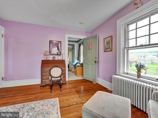 living area featuring radiator heating unit, baseboards, and wood finished floors