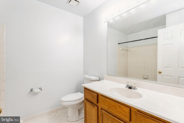 full bath featuring vanity, visible vents, a shower, tile patterned floors, and toilet