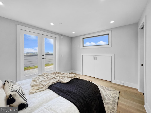 bedroom with access to exterior, multiple windows, baseboards, and light wood-type flooring