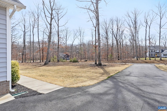 view of yard featuring a forest view