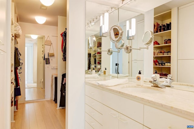 bathroom featuring vanity, a spacious closet, and wood finished floors