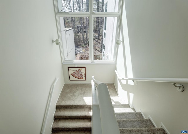 stairs with baseboards and carpet floors