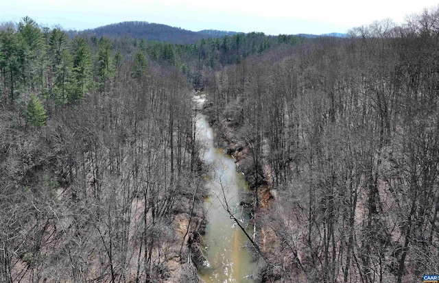 drone / aerial view featuring a forest view and a mountain view