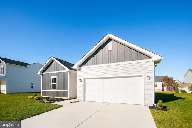 view of front of house with board and batten siding, an attached garage, driveway, and a front yard