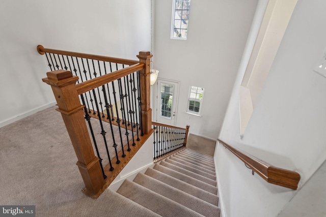 staircase featuring baseboards, carpet floors, and a high ceiling