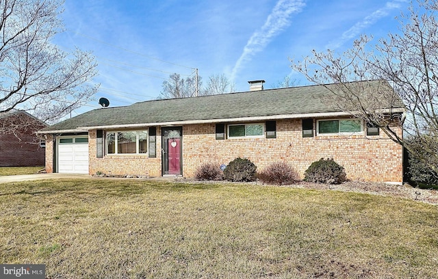 single story home with brick siding, a front yard, roof with shingles, driveway, and an attached garage