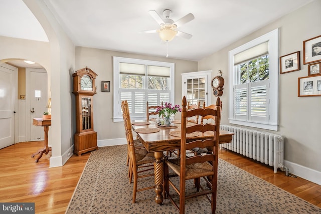 901 S Talbot, Saint Michaels, MD 21663 - dining space featuring arched walkways, light wood-style floors, radiator, and a healthy amount of sunlight