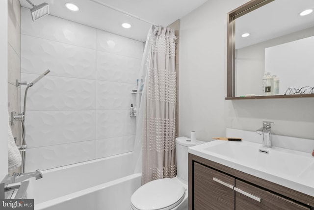 full bath featuring recessed lighting, toilet, shower / bath combo, and vanity