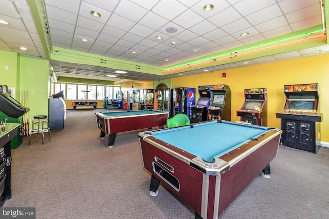 playroom with carpet flooring, recessed lighting, pool table, and a paneled ceiling