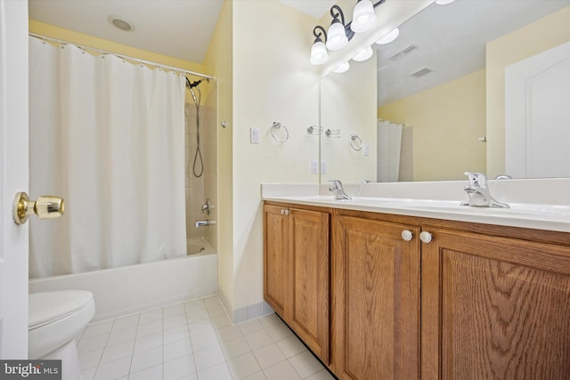 bathroom with tile patterned floors, shower / bathtub combination with curtain, toilet, a sink, and double vanity