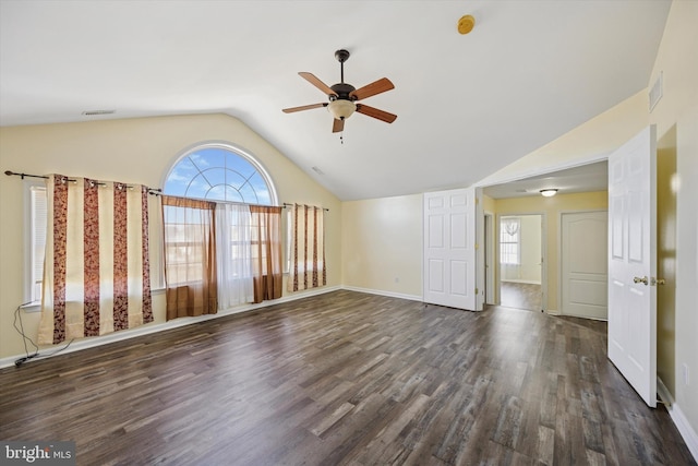 unfurnished living room with visible vents, dark wood-style flooring, and vaulted ceiling