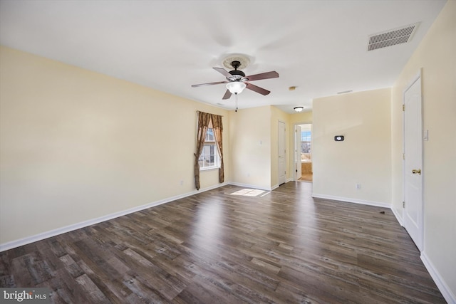 unfurnished room with visible vents, ceiling fan, baseboards, and dark wood-style flooring