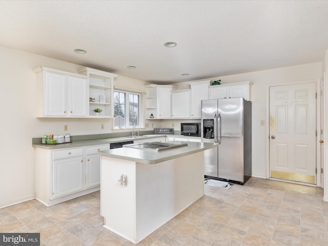 kitchen with white cabinetry, stainless steel refrigerator with ice dispenser, and open shelves