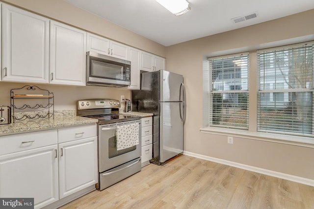 kitchen with white cabinets, visible vents, and stainless steel appliances