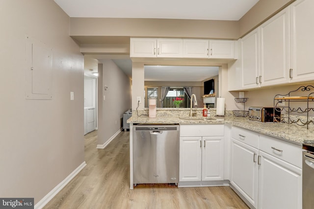 kitchen with electric panel, a sink, white cabinets, stainless steel dishwasher, and light wood-type flooring