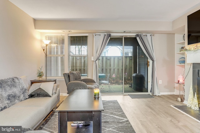 living room featuring a premium fireplace, baseboards, and wood finished floors