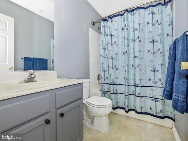 bathroom with vanity, toilet, and shower / bathtub combination with curtain