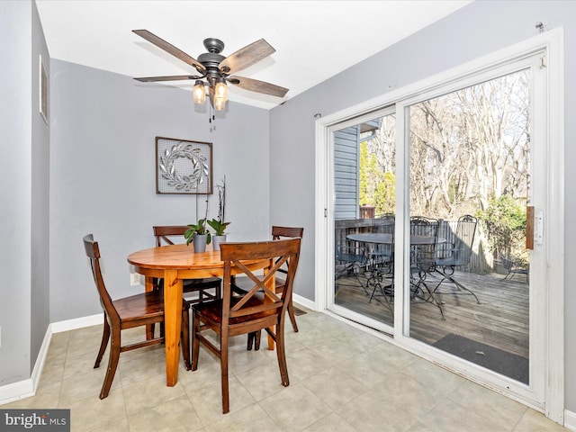 dining area with a ceiling fan and baseboards