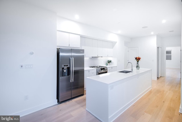 kitchen with light wood finished floors, a sink, decorative backsplash, white cabinets, and appliances with stainless steel finishes