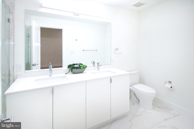 full bathroom featuring visible vents, toilet, double vanity, marble finish floor, and a sink