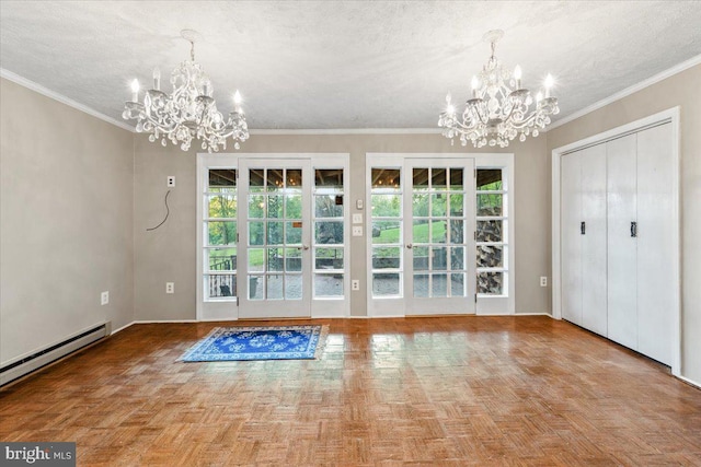 306 Burnt Church Rd, Winchester, VA 22603 - interior space featuring a textured ceiling, crown molding, a baseboard heating unit, and a chandelier