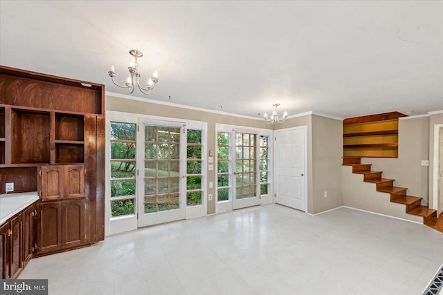306 Burnt Church Rd, Winchester, VA 22603 - unfurnished living room with an inviting chandelier, ornamental molding, stairs, and light floors