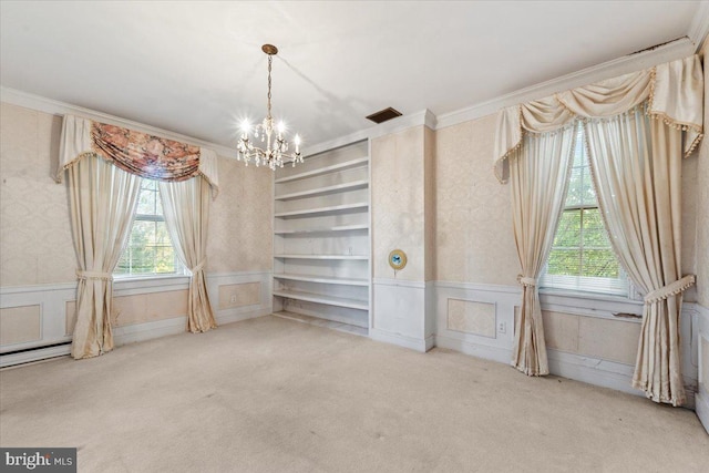 306 Burnt Church Rd, Winchester, VA 22603 - carpeted empty room featuring ornamental molding, a chandelier, wallpapered walls, a decorative wall, and wainscoting