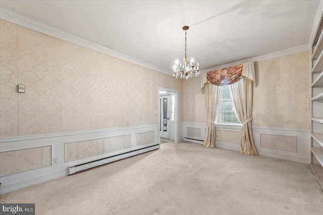306 Burnt Church Rd, Winchester, VA 22603 - carpeted spare room featuring ornamental molding, a chandelier, wallpapered walls, a wainscoted wall, and a baseboard radiator