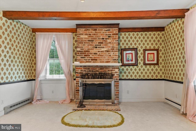 306 Burnt Church Rd, Winchester, VA 22603 - carpeted living area with a brick fireplace, a baseboard radiator, wallpapered walls, beam ceiling, and wainscoting