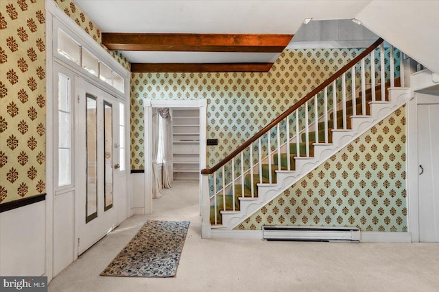 306 Burnt Church Rd, Winchester, VA 22603 - carpeted entryway with stairs, wallpapered walls, beam ceiling, and a baseboard radiator