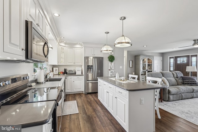 kitchen with a sink, dark wood-style floors, open floor plan, appliances with stainless steel finishes, and white cabinets