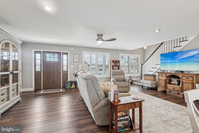 living area with dark wood-style floors, stairway, recessed lighting, and ceiling fan