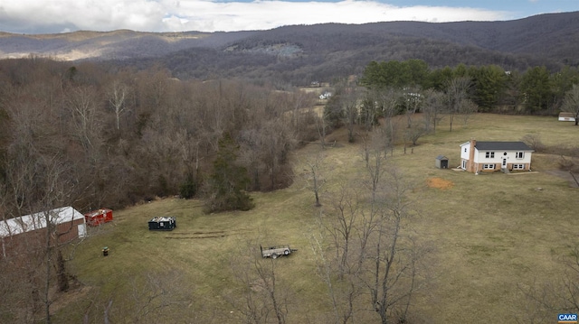 drone / aerial view featuring a wooded view, a rural view, and a mountain view