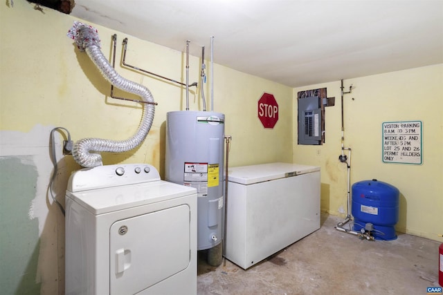 laundry room featuring washer / dryer, electric panel, laundry area, and electric water heater