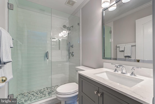 full bath with a stall shower, visible vents, and ornamental molding