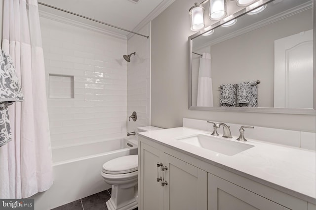 bathroom with tile patterned flooring, toilet, shower / bath combo with shower curtain, ornamental molding, and vanity