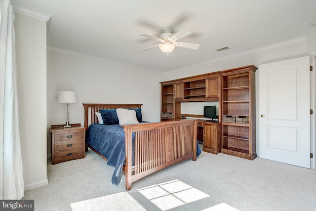 bedroom featuring visible vents, light carpet, ornamental molding, and a ceiling fan